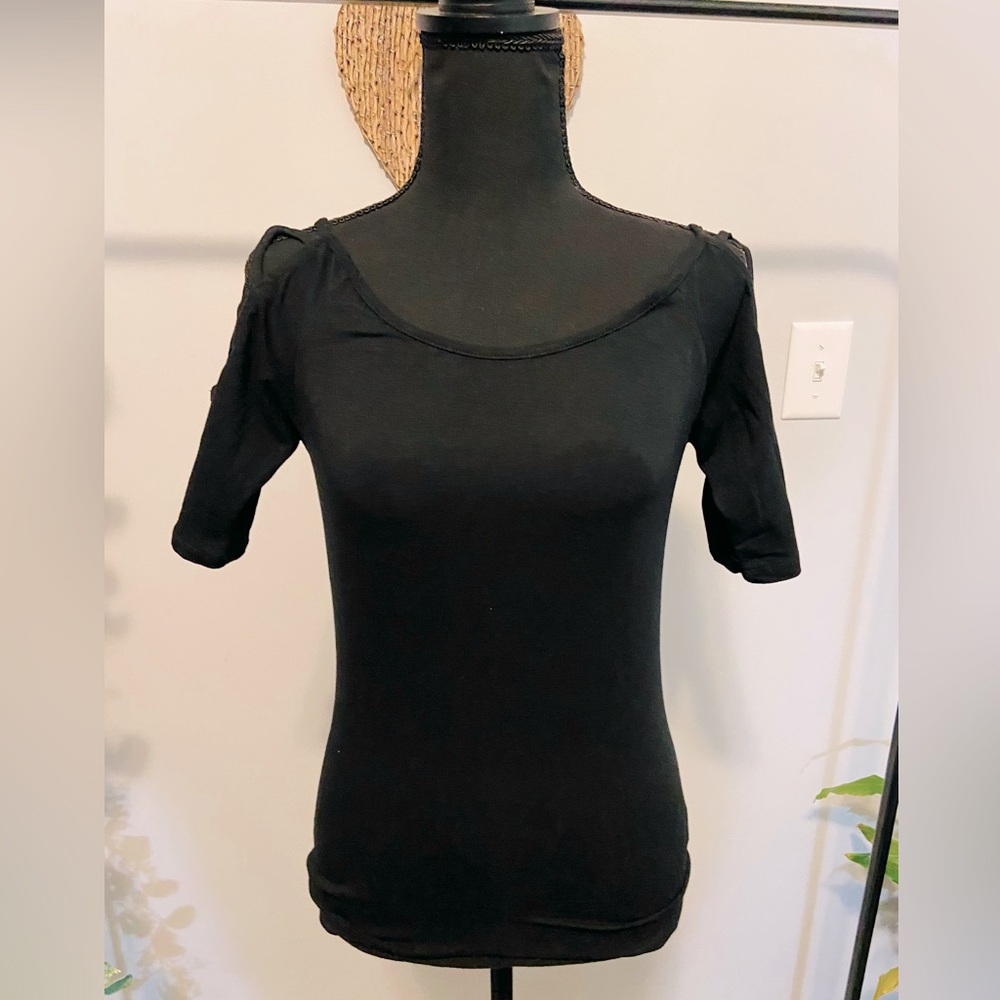 Cute Black Tee with Criss Cross Cold Shoulder